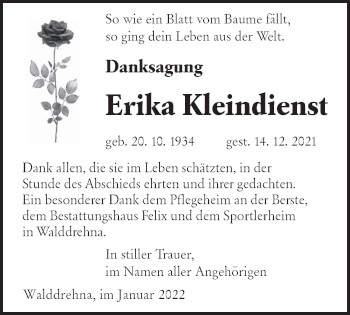 Traueranzeige von Erika Kleindienst von lausitzer_rundschau