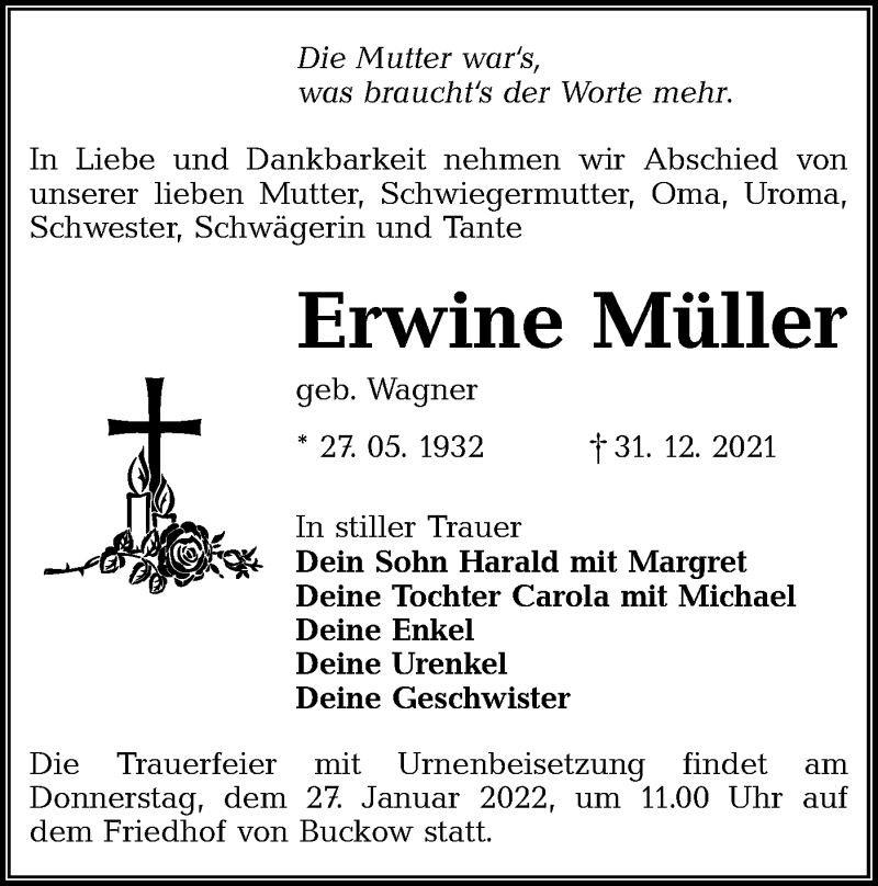  Traueranzeige für Erwine Müller vom 06.01.2022 aus lausitzer_rundschau