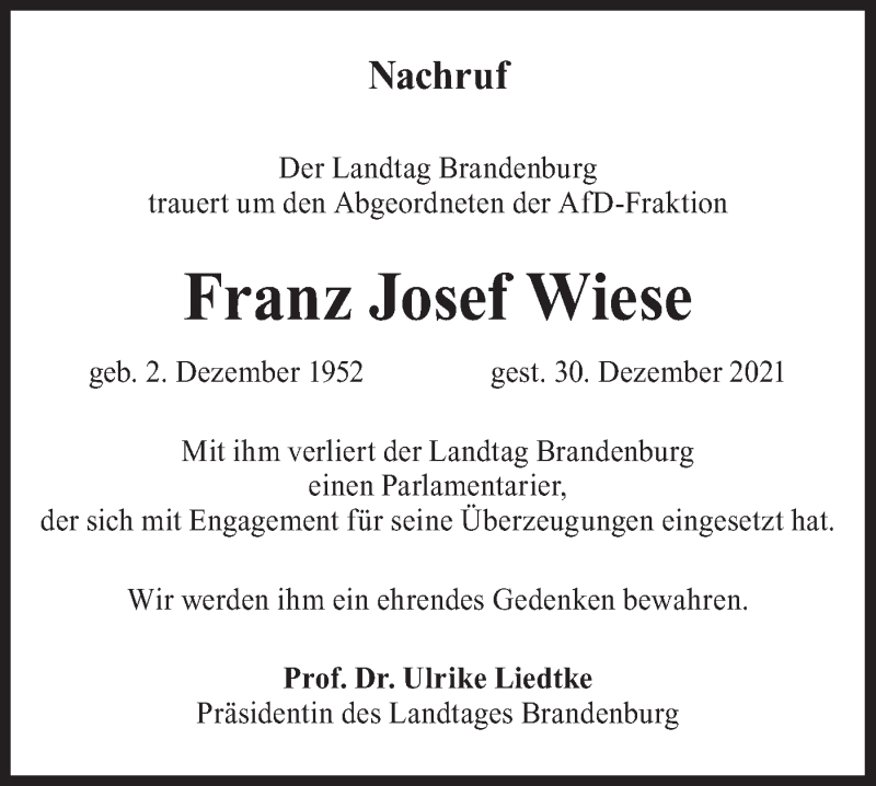  Traueranzeige für Franz Josef Wiese vom 15.01.2022 aus lausitzer_rundschau