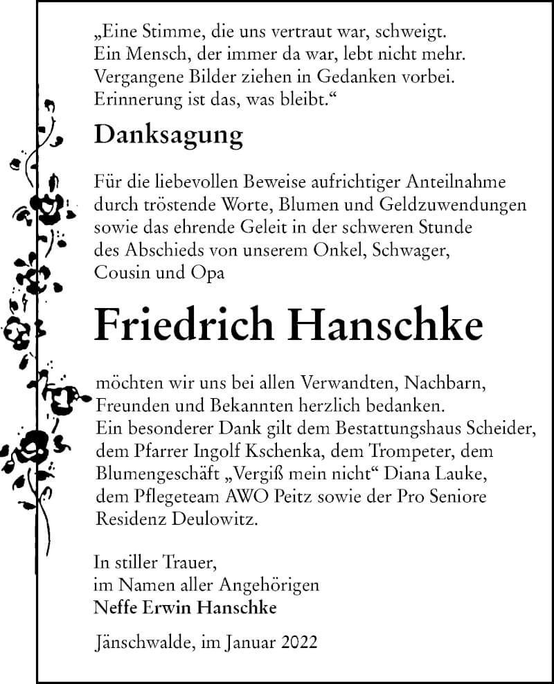  Traueranzeige für Friedrich Hanschke vom 22.01.2022 aus lausitzer_rundschau