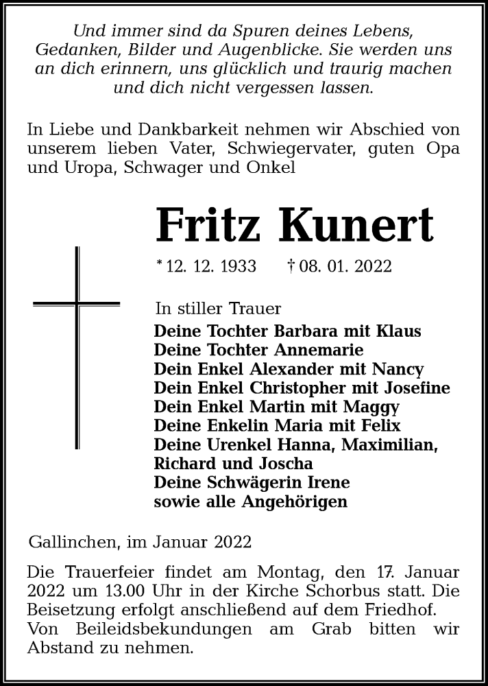  Traueranzeige für Fritz Kunert vom 12.01.2022 aus lausitzer_rundschau