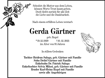 Traueranzeige von Gerda Gärtner von lausitzer_rundschau