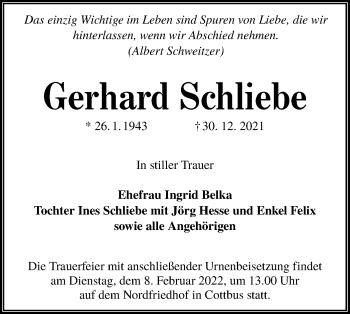 Traueranzeige von Gerhard Schliebe von lausitzer_rundschau