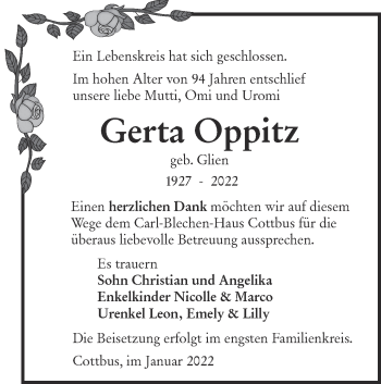 Traueranzeige von Gerta Oppitz von lausitzer_rundschau