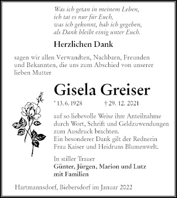 Traueranzeige von Gisela Greiser von lausitzer_rundschau