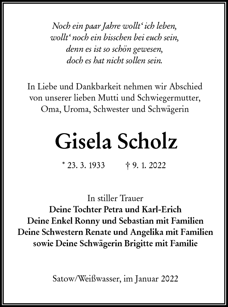  Traueranzeige für Gisela Scholz vom 15.01.2022 aus lausitzer_rundschau