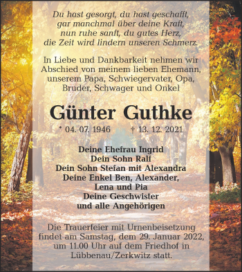 Traueranzeige von Günter Guthke von lausitzer_rundschau