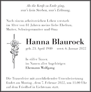Traueranzeige von Hanna Blaurock von lausitzer_rundschau
