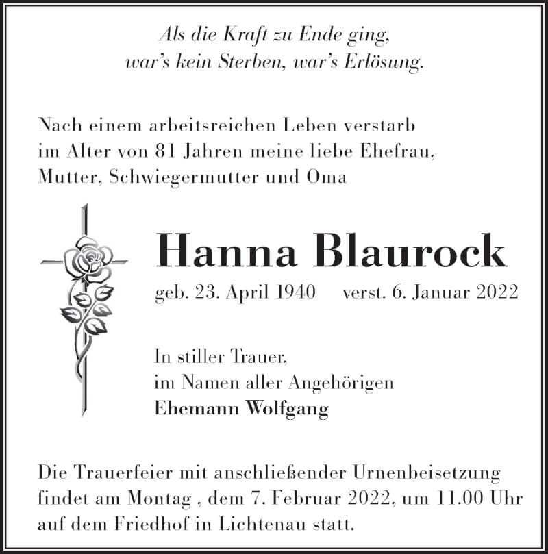  Traueranzeige für Hanna Blaurock vom 22.01.2022 aus lausitzer_rundschau
