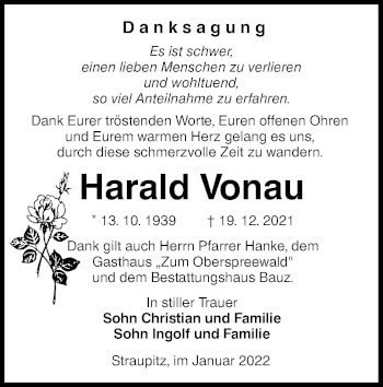 Traueranzeige von Harald Vonau von lausitzer_rundschau