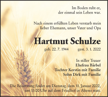 Traueranzeige von Hartmut Schulze von lausitzer_rundschau