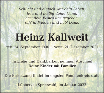 Traueranzeige von Heinz Kallweit von lausitzer_rundschau