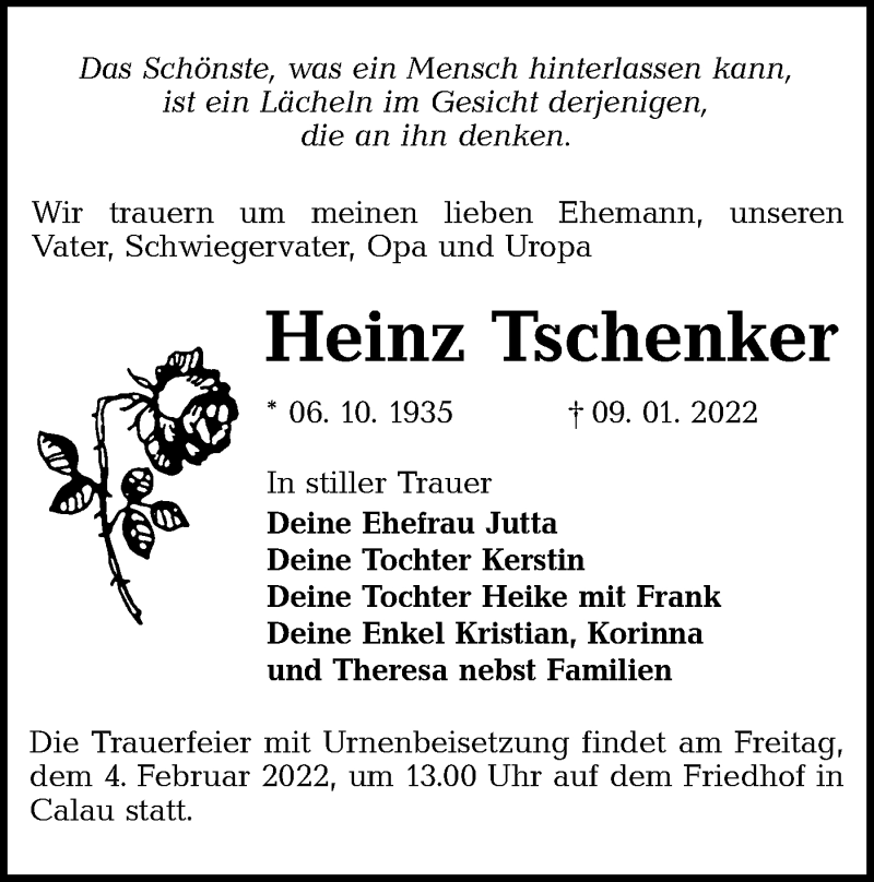  Traueranzeige für Heinz Tschenker vom 15.01.2022 aus lausitzer_rundschau