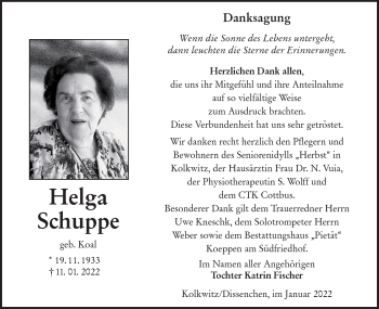 Traueranzeige von Helga Schuppe von lausitzer_rundschau