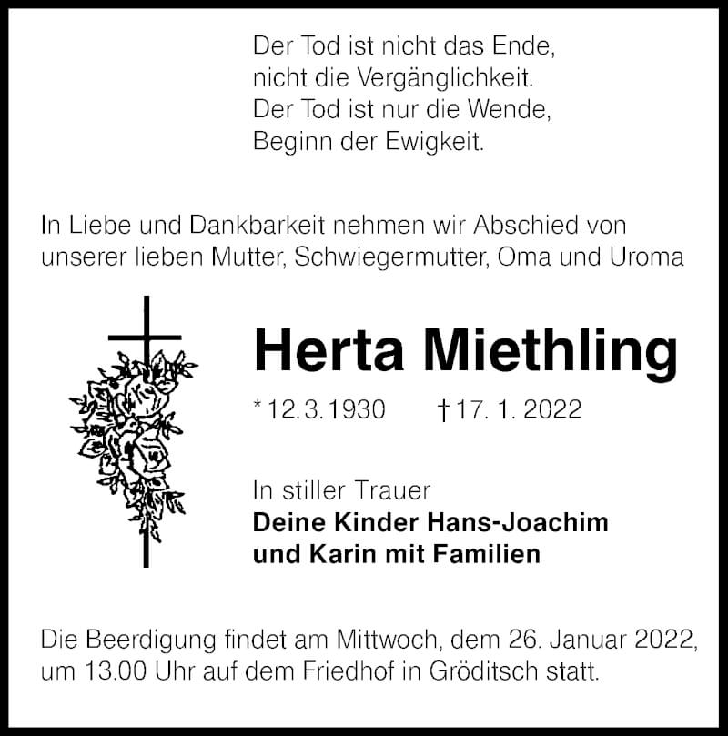  Traueranzeige für Herta Miethling vom 22.01.2022 aus lausitzer_rundschau