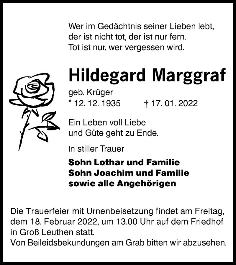  Traueranzeige für Hildegard Marggraf vom 29.01.2022 aus lausitzer_rundschau