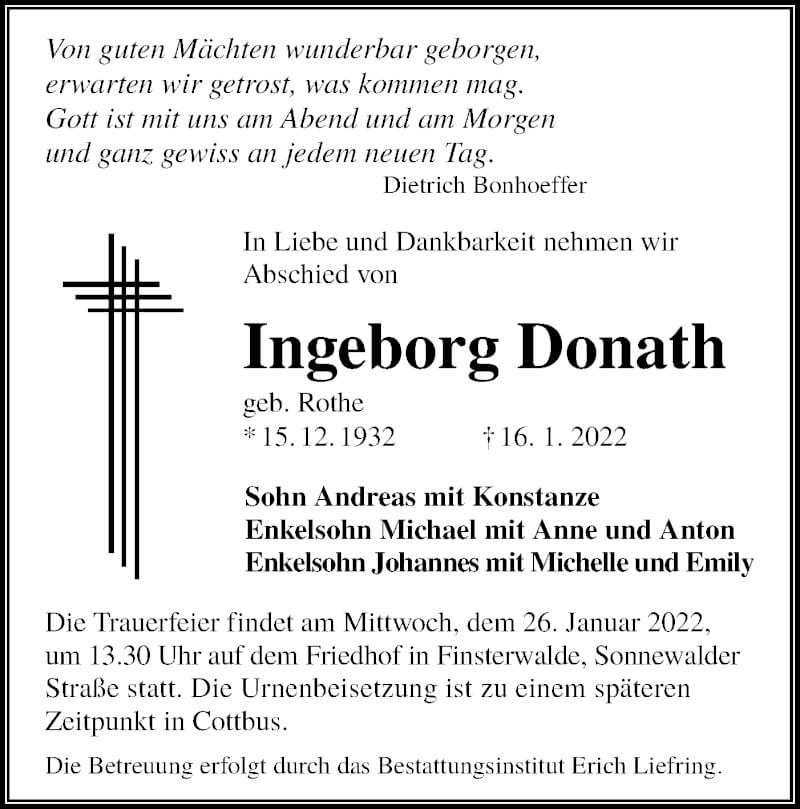  Traueranzeige für Ingeborg Donath vom 22.01.2022 aus lausitzer_rundschau