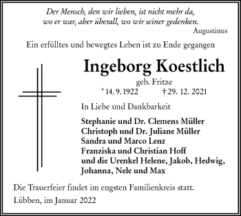 Traueranzeige von Ingeborg Koestlich von lausitzer_rundschau