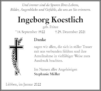 Traueranzeige von Ingeborg Koestlich von lausitzer_rundschau
