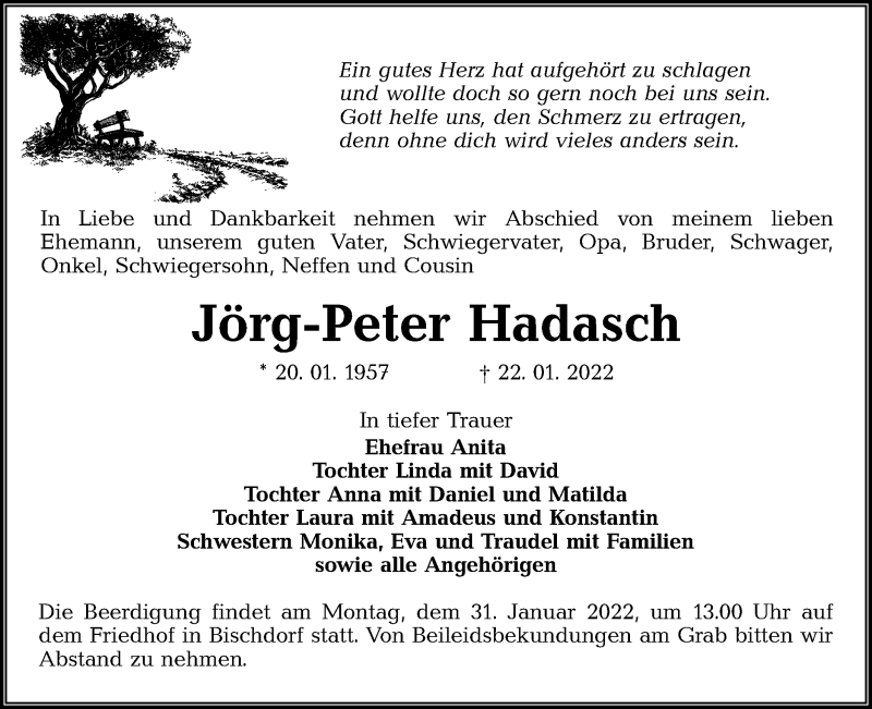  Traueranzeige für Jörg-Peter Hadasch vom 26.01.2022 aus lausitzer_rundschau