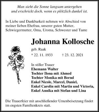 Traueranzeige von Johanna Kollosche von lausitzer_rundschau