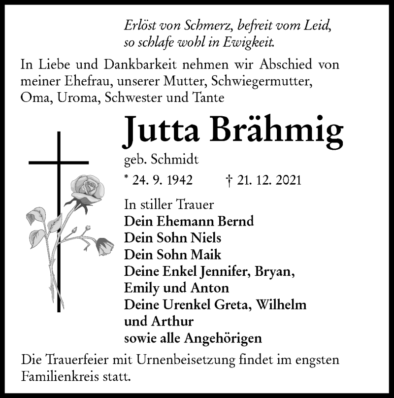  Traueranzeige für Jutta Brähmig vom 08.01.2022 aus lausitzer_rundschau