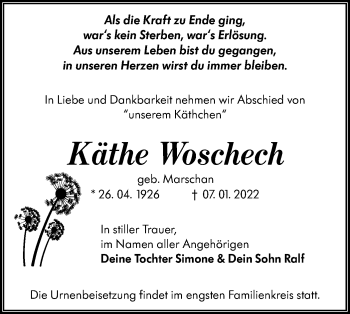 Traueranzeige von Käthe Woschech von lausitzer_rundschau