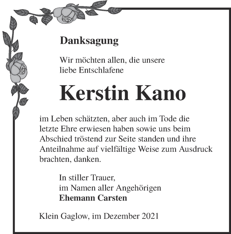  Traueranzeige für Kerstin Kano vom 08.01.2022 aus lausitzer_rundschau