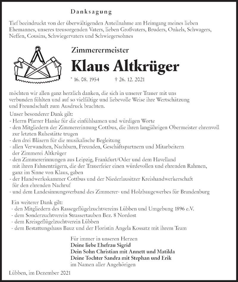  Traueranzeige für Klaus Altkrüger vom 22.01.2022 aus lausitzer_rundschau