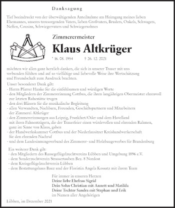 Traueranzeige von Klaus Altkrüger von lausitzer_rundschau