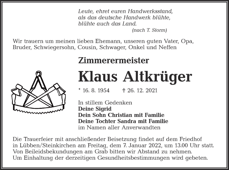  Traueranzeige für Klaus Altkrüger vom 03.01.2022 aus lausitzer_rundschau