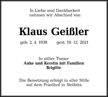 Traueranzeige von Klaus Geißler von lausitzer_rundschau