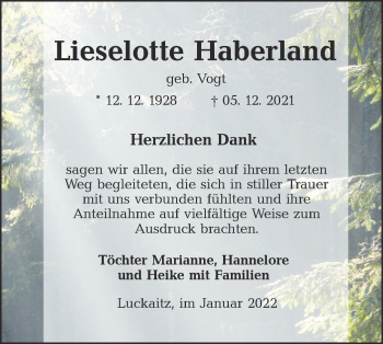 Traueranzeige von Lieselotte Haberland von lausitzer_rundschau