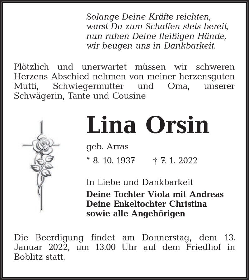  Traueranzeige für Lina Orsin vom 10.01.2022 aus lausitzer_rundschau