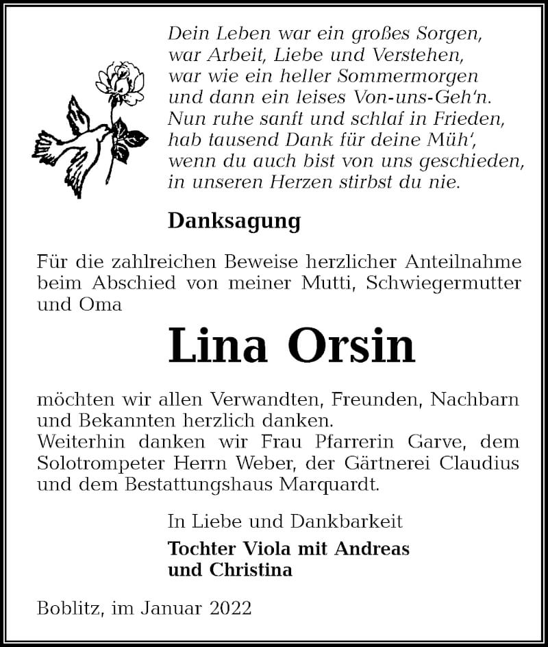  Traueranzeige für Lina Orsin vom 22.01.2022 aus lausitzer_rundschau
