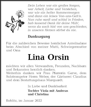 Traueranzeige von Lina Orsin von lausitzer_rundschau