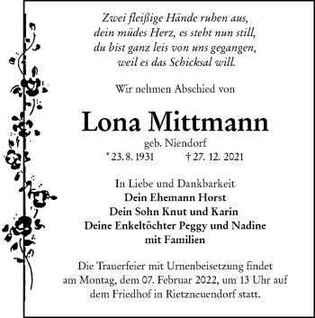 Traueranzeige von Lona Mittmann von lausitzer_rundschau