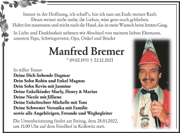 Traueranzeige von Manfred Bremer von lausitzer_rundschau