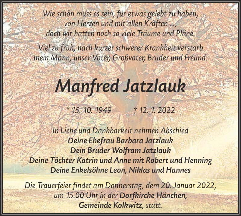  Traueranzeige für Manfred Jatzlauk vom 15.01.2022 aus lausitzer_rundschau