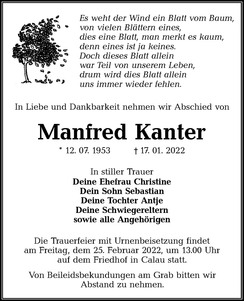  Traueranzeige für Manfred Kanter vom 27.01.2022 aus lausitzer_rundschau