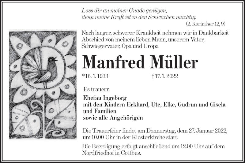  Traueranzeige für Manfred Müller vom 22.01.2022 aus lausitzer_rundschau