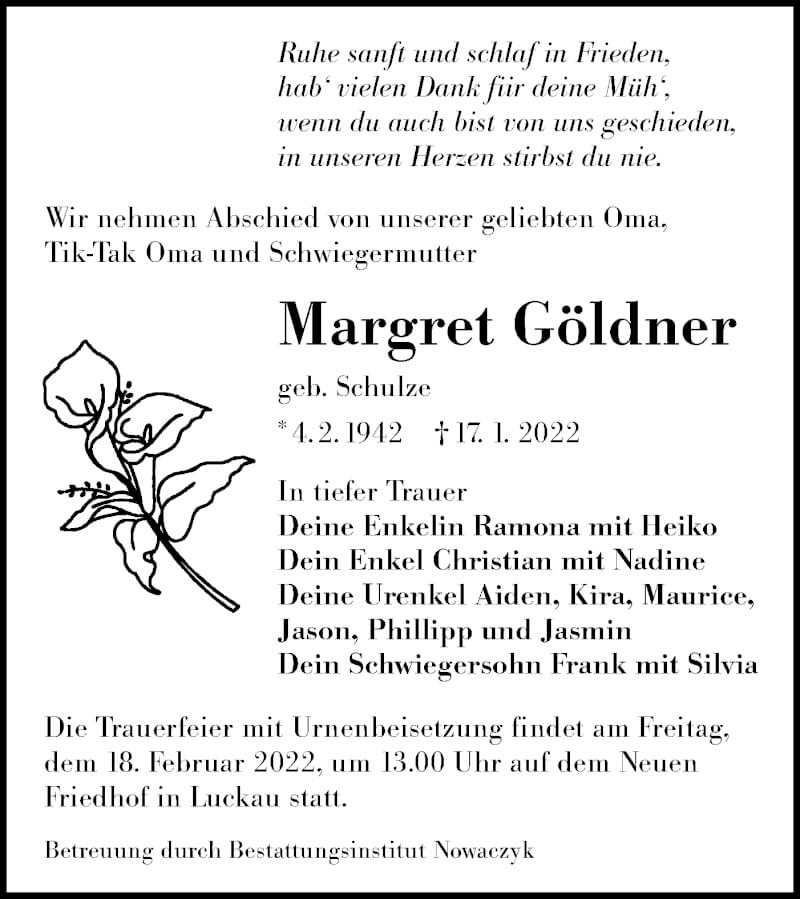  Traueranzeige für Margret Göldner vom 22.01.2022 aus lausitzer_rundschau