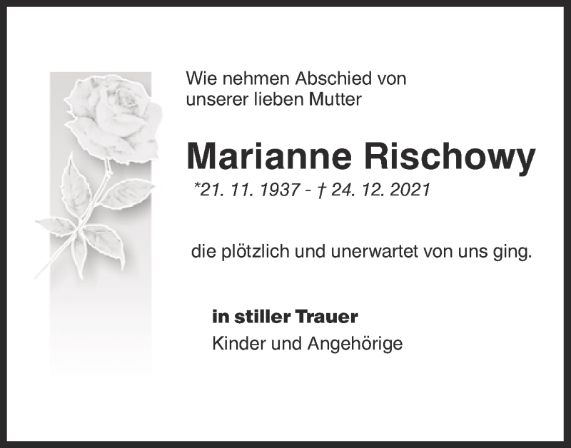  Traueranzeige für Marianne Rischowy vom 13.01.2022 aus lausitzer_rundschau