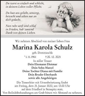 Traueranzeige von Marina Karola Schulz von lausitzer_rundschau
