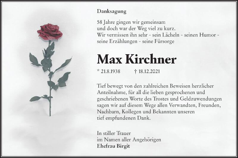  Traueranzeige für Max Kirchner vom 22.01.2022 aus lausitzer_rundschau