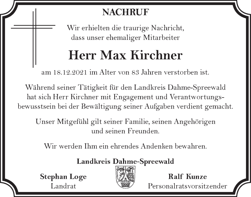  Traueranzeige für Max Kirchner vom 12.01.2022 aus lausitzer_rundschau