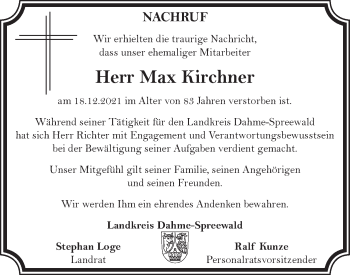 Traueranzeige von Max Kirchner von lausitzer_rundschau