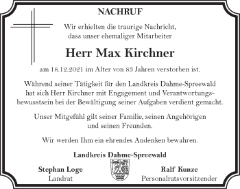 Traueranzeige von Max Kirchner von lausitzer_rundschau