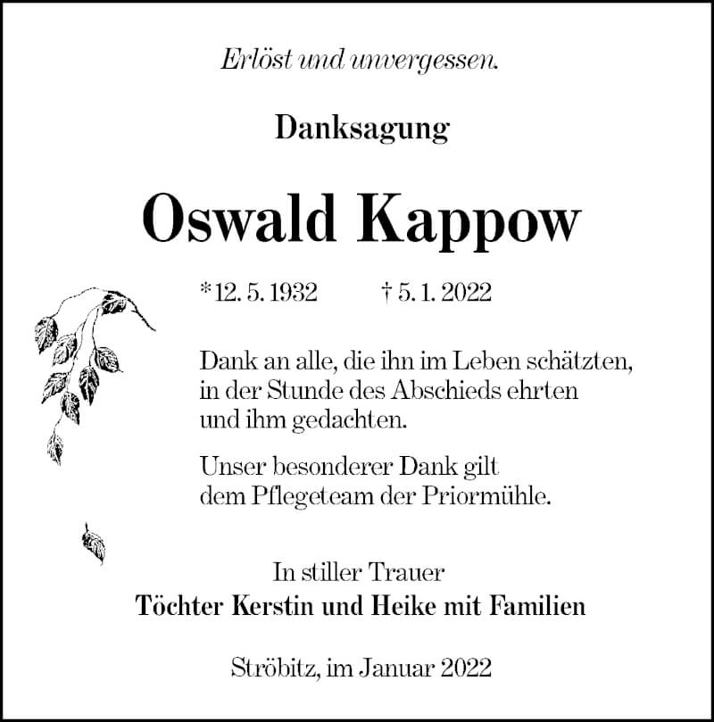  Traueranzeige für Oswald Kappow vom 22.01.2022 aus lausitzer_rundschau