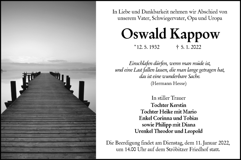  Traueranzeige für Oswald Kappow vom 08.01.2022 aus lausitzer_rundschau